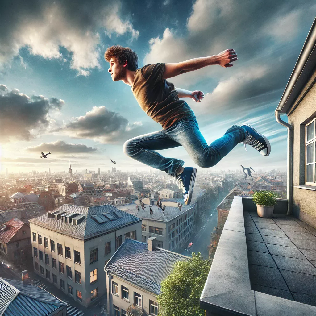 College age man in sneakers jumping off roof of building thinking he can fly.