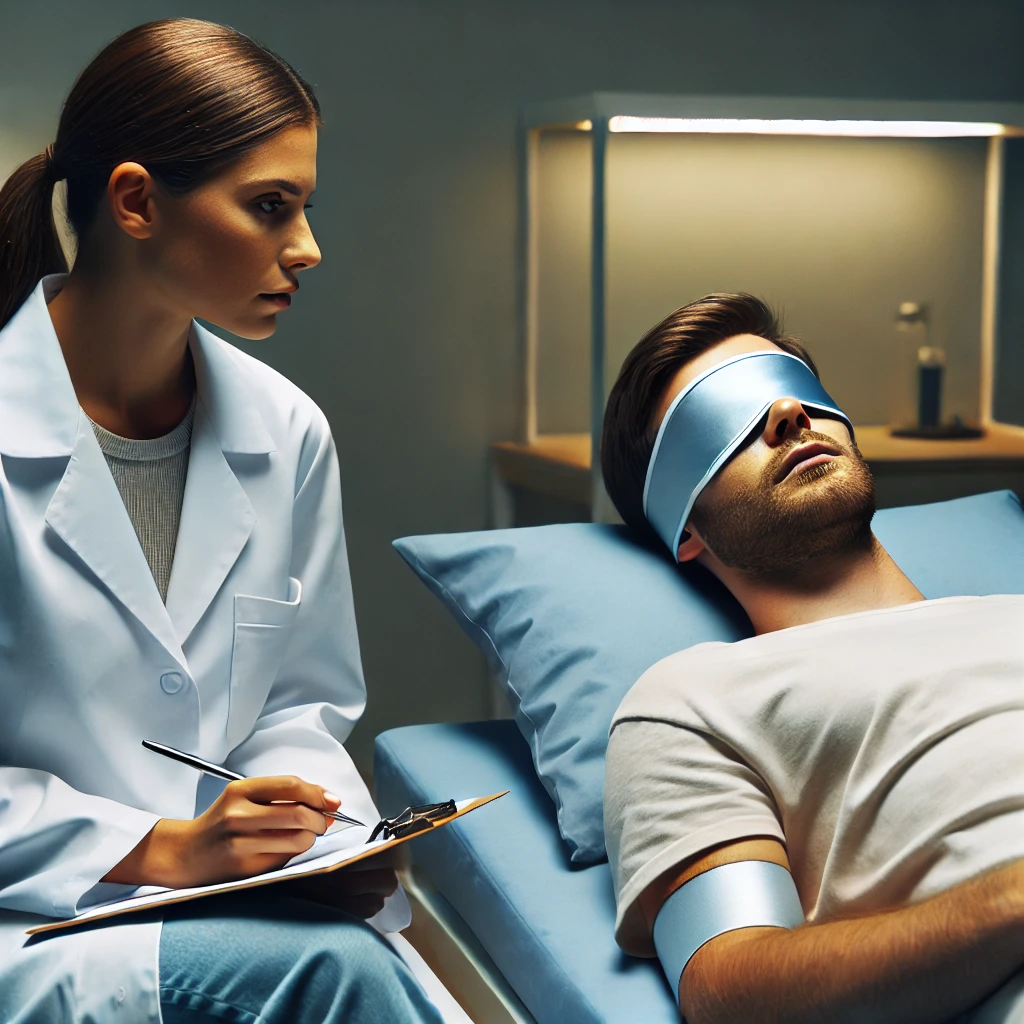 A female psychedelic researcher sitting next to a man laying on a bed with an eye-covering.