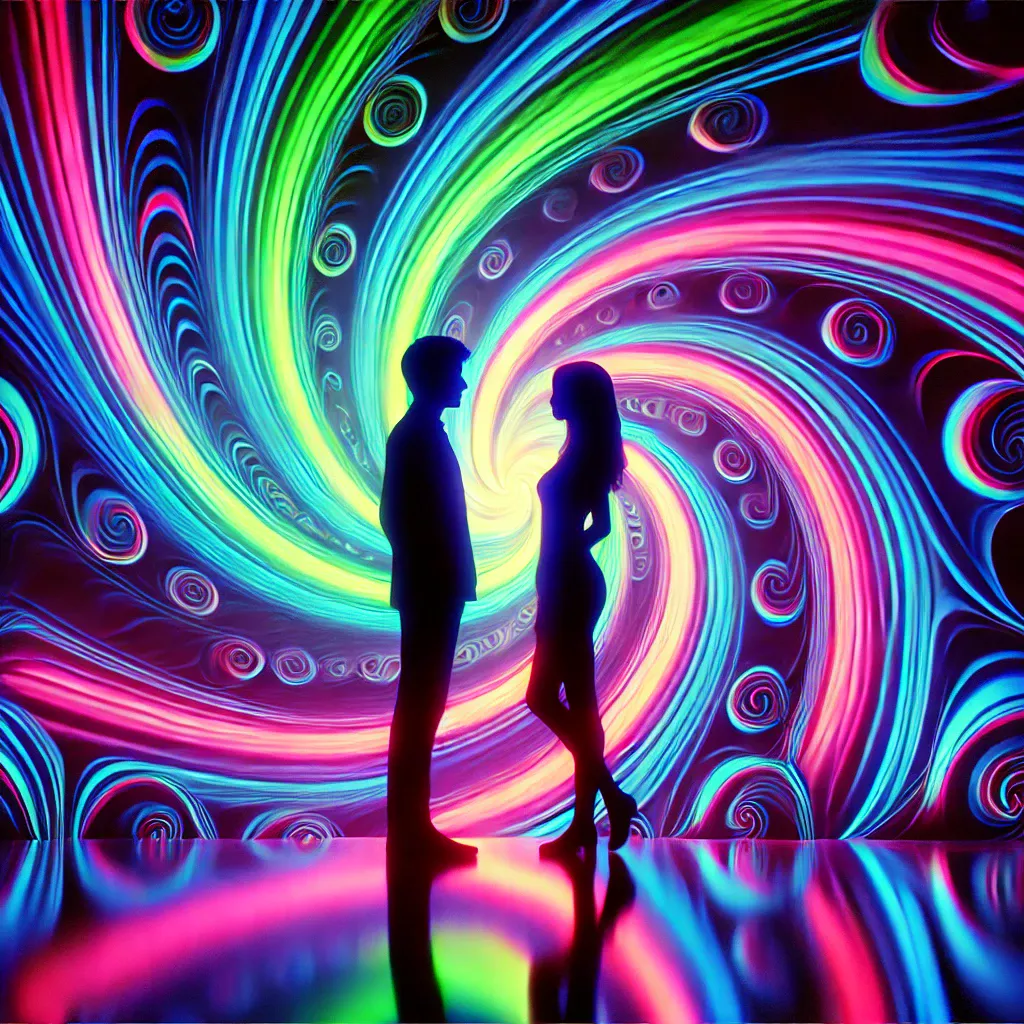 Silhouette of a man and a woman standing face to face, their outlines glowing slightly against a vibrant psychedelic spiral background.