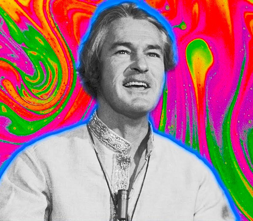 Black and white photo of Timothy Leary with intense psychedelic swirls around him