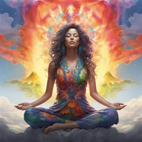 Image of woman in lotus position with fiery imagery in background