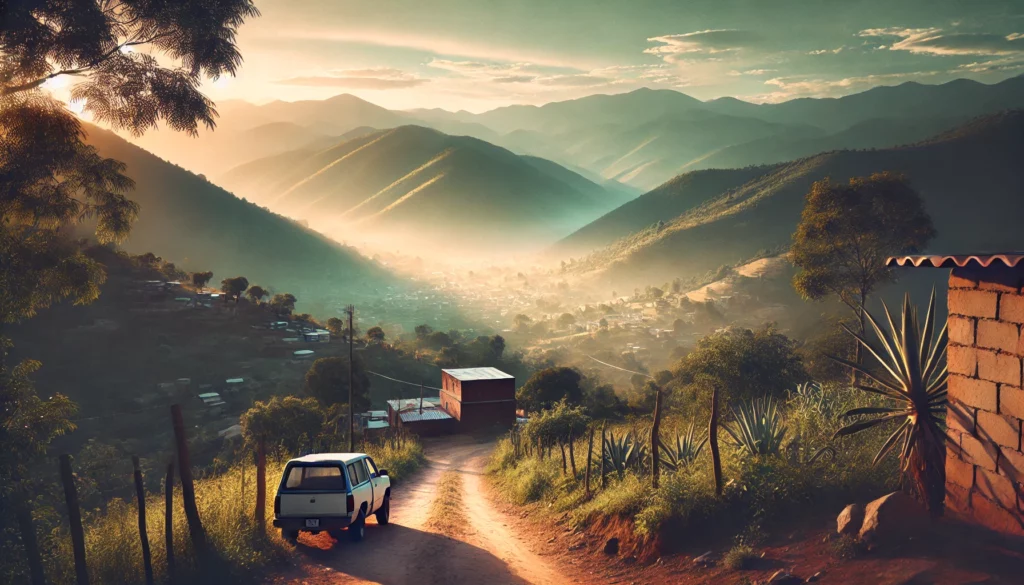 Aerial view of an old Chevy descending down a dirt road into a valley