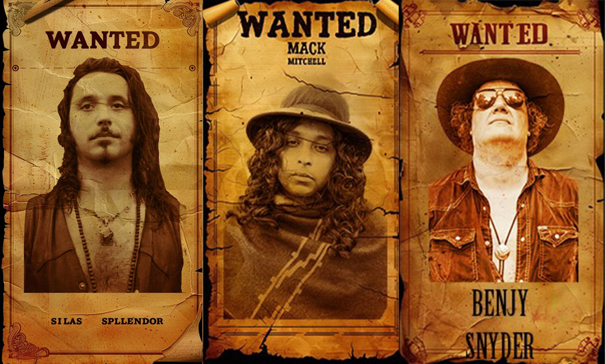 Old West Wanted poster with names and images of the band members on it