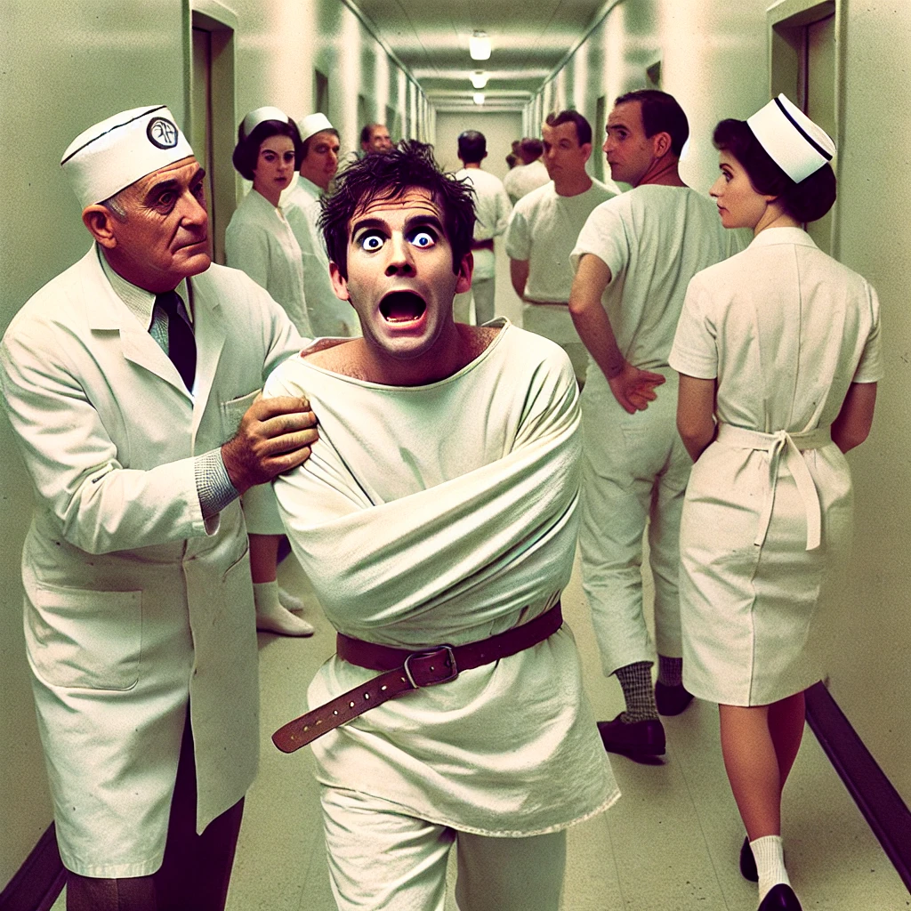 A frightened man in a straight jacket is being led down a hospital wing by a doctor.