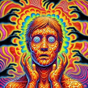 A surreal, psychedelic-style illustration of a man with wide, fearful eyes, his skin textured like an orange. His hands are raised in panic