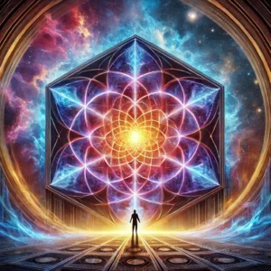 Small figure of a man standing in front of a geometric portal