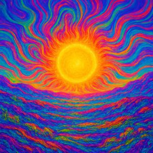 A colorful image of the sun with psychedelic rays coming off its surface