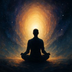 Silhouette image of a person in the lotus position in front of a cosmic vortex