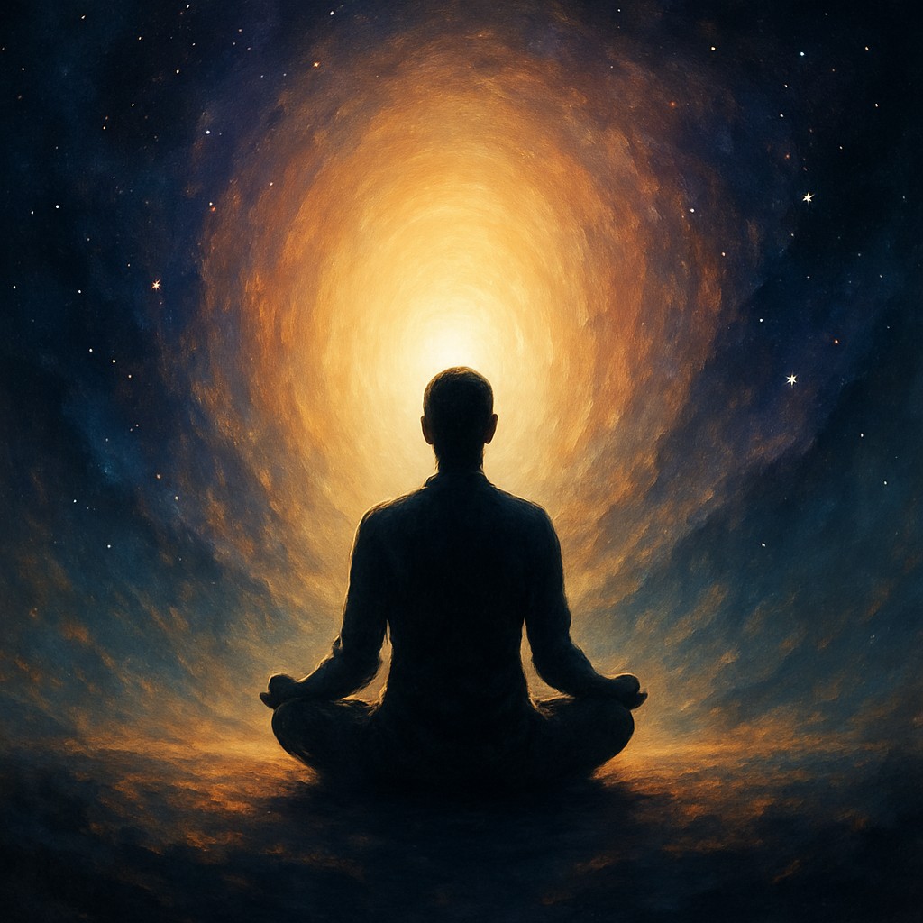 Silhouette image of a person in the lotus position in front of a cosmic vortex