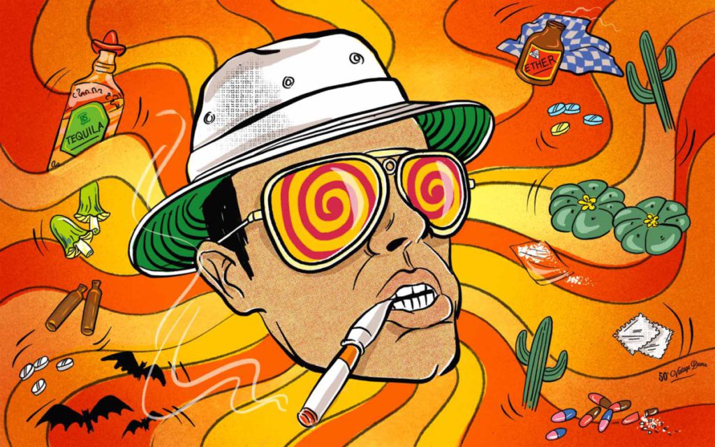Swirling cartoon image of Hunter S. Thompson in a psychedelic haze.
