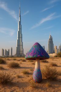 A colorful mushroom in the desert with the skyline of the United Arab Emirates in the background