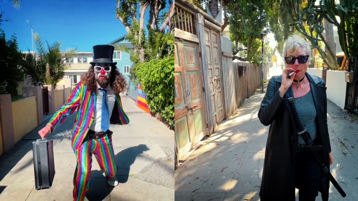 Two film outtakes on a split screen--one with a guy dressed as a clown carrying a briefcase, the other with a woman with peroxide blonde hair smoking a cigarette