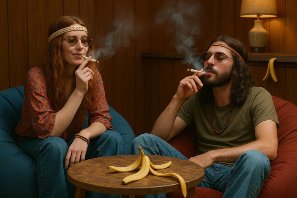An image of two hippies, one young man and one young woman sitting on beanbags smoking a banandine joint in a den with wood paneling..