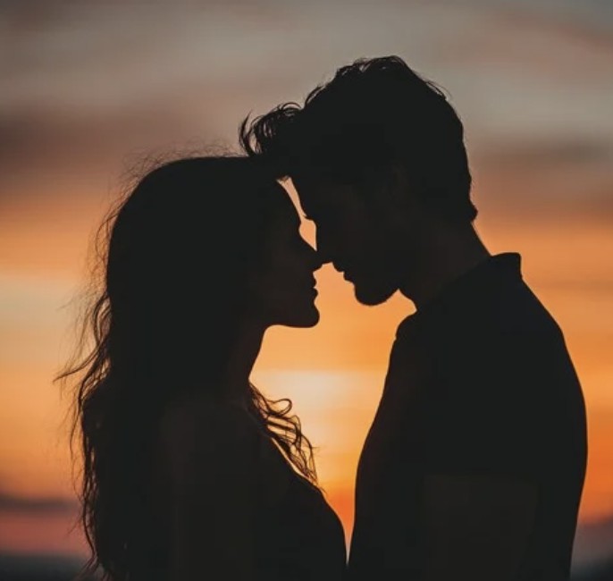 Silhouette of a young couple gazing into each others' eyes on a beach with a beautiful orange sunset behind them.