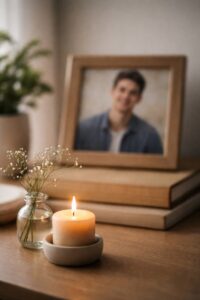 Candle by framed photo of young man