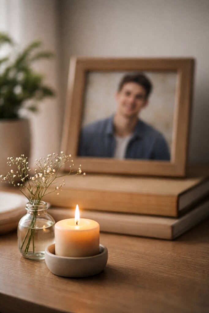 Candle by framed photo of young man