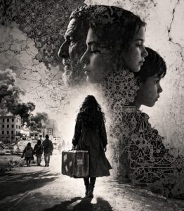 Image of a woman holding a suitcase with the faces of multiple generations of men in the sky