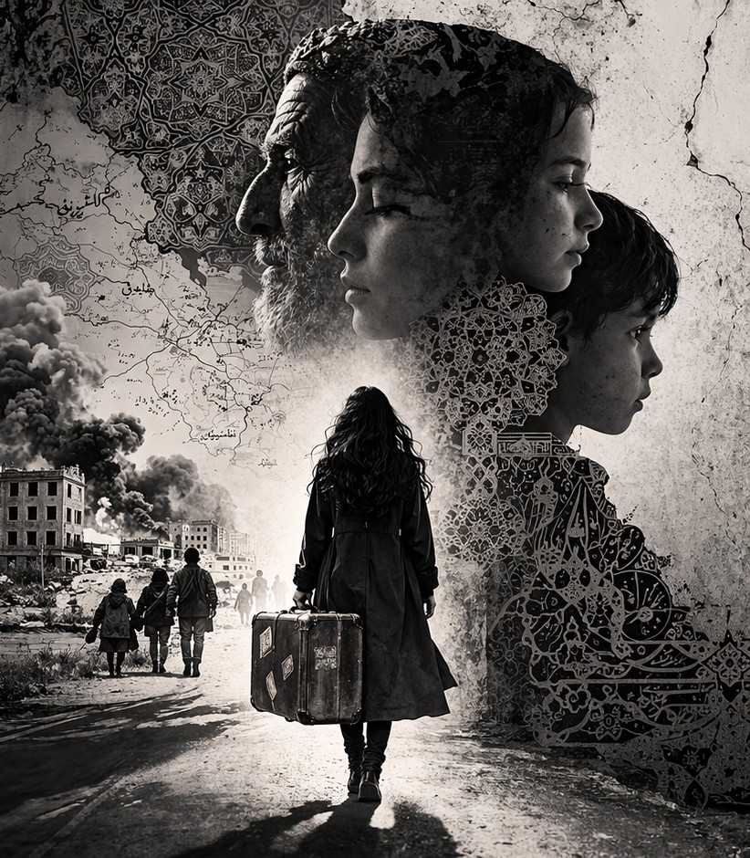 Image of a woman holding a suitcase with the faces of multiple generations of men in the sky