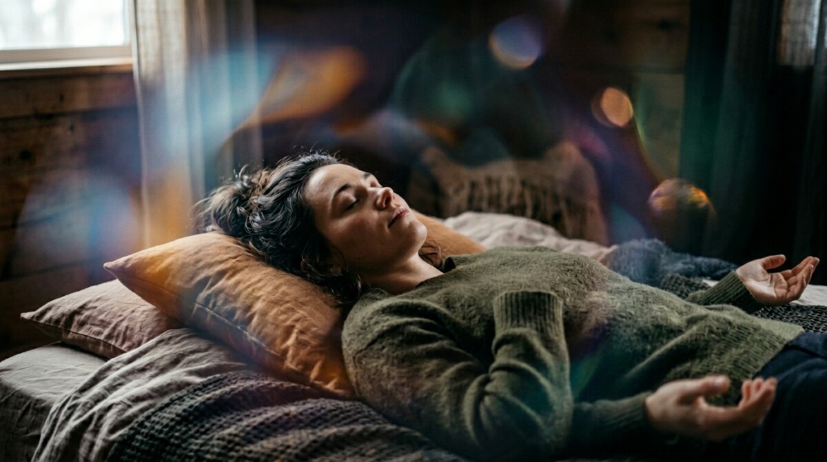 Image of a woman lying on a bed with hallucinatory light surrounding her