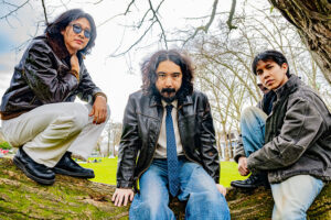 Three Asian men in jeans and dark jackets sitting on a large tree branch in a grassy field