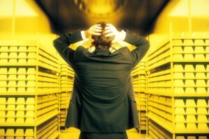 Man in suit Inside Gold Vault with hands on back of head
