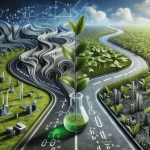 Image of a road dividing with a lab beaker in the middle with a plant growing out of it.