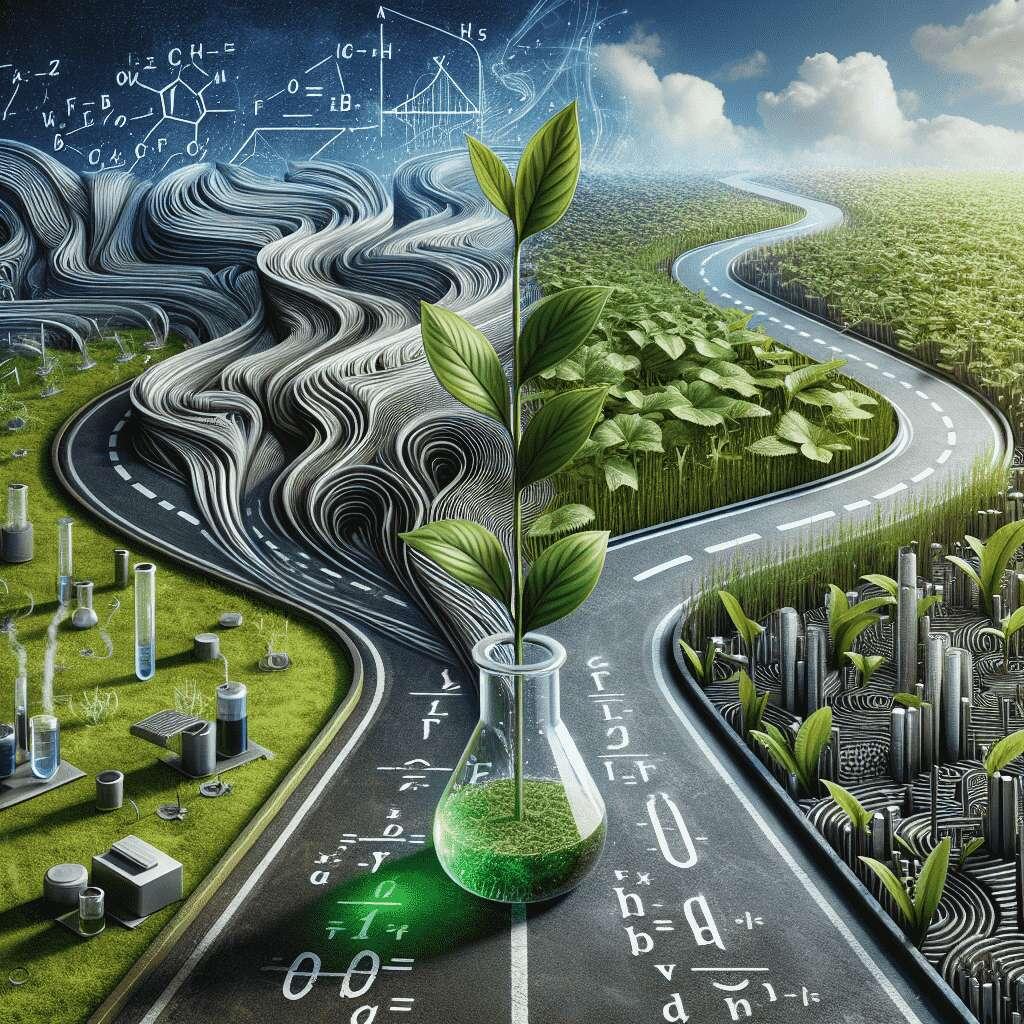 Image of a road dividing with a lab beaker in the middle with a plant growing out of it.
