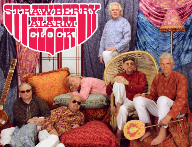 Five members of Strawberry Alarm Clock reenacting their pose from the Incense and Peppermints album