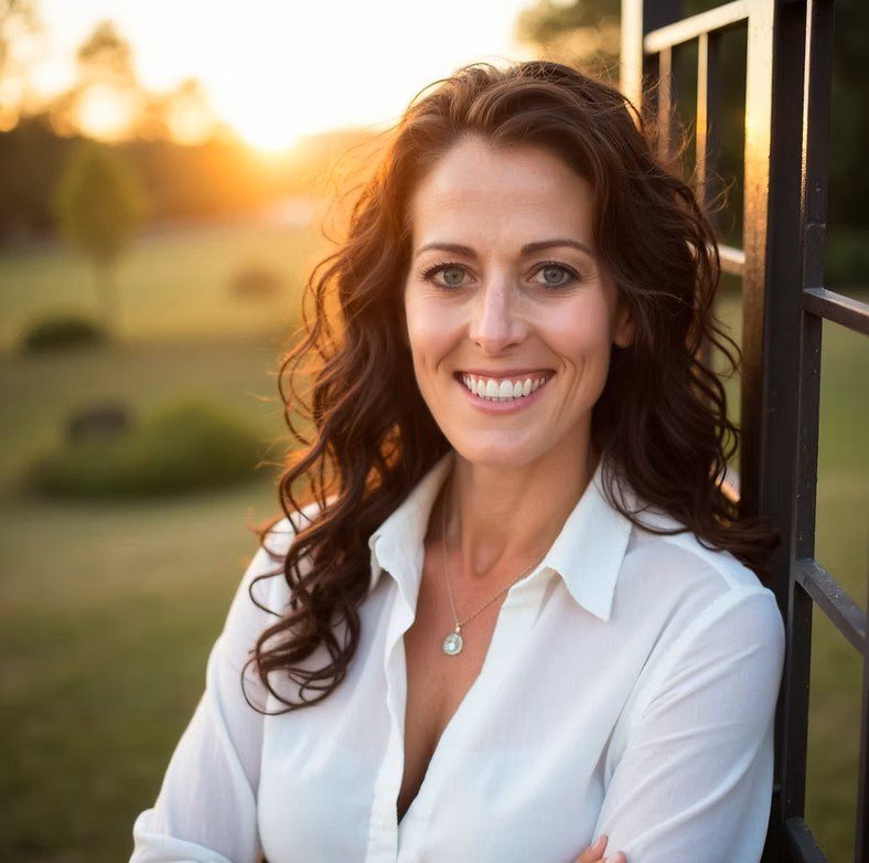 Photo of attracive brunette woman leaning against building with fields and a setting sun in background